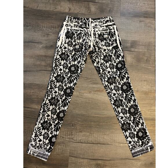 Y2K Dolce & Gabbana Lace Print Skinny Jeans Blk Wht Low Rise XS IT28 Designer - Picture 3 of 10